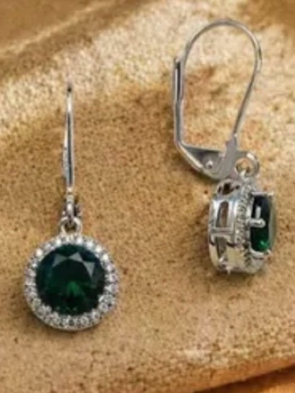 Dazzling Silver Drop Earrings with Emerald Green CZ Halo